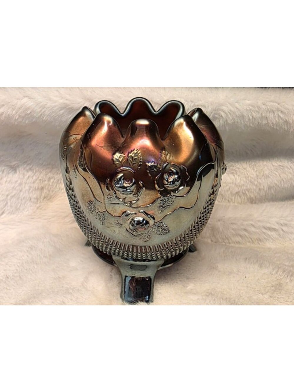 Antique Amythyst Northwood "Fine Cut and Roses" Carnival Glass Footed Rose Bowl